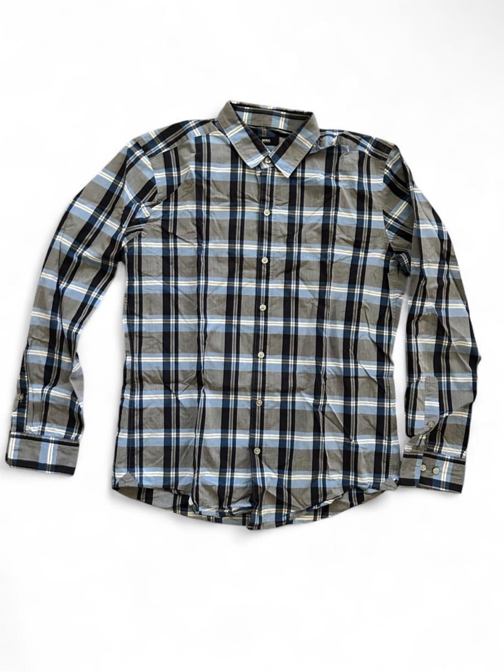 Hugo Boss Men's Gray and Light Blue Plaid Button-Down Shirt Men’s Size L